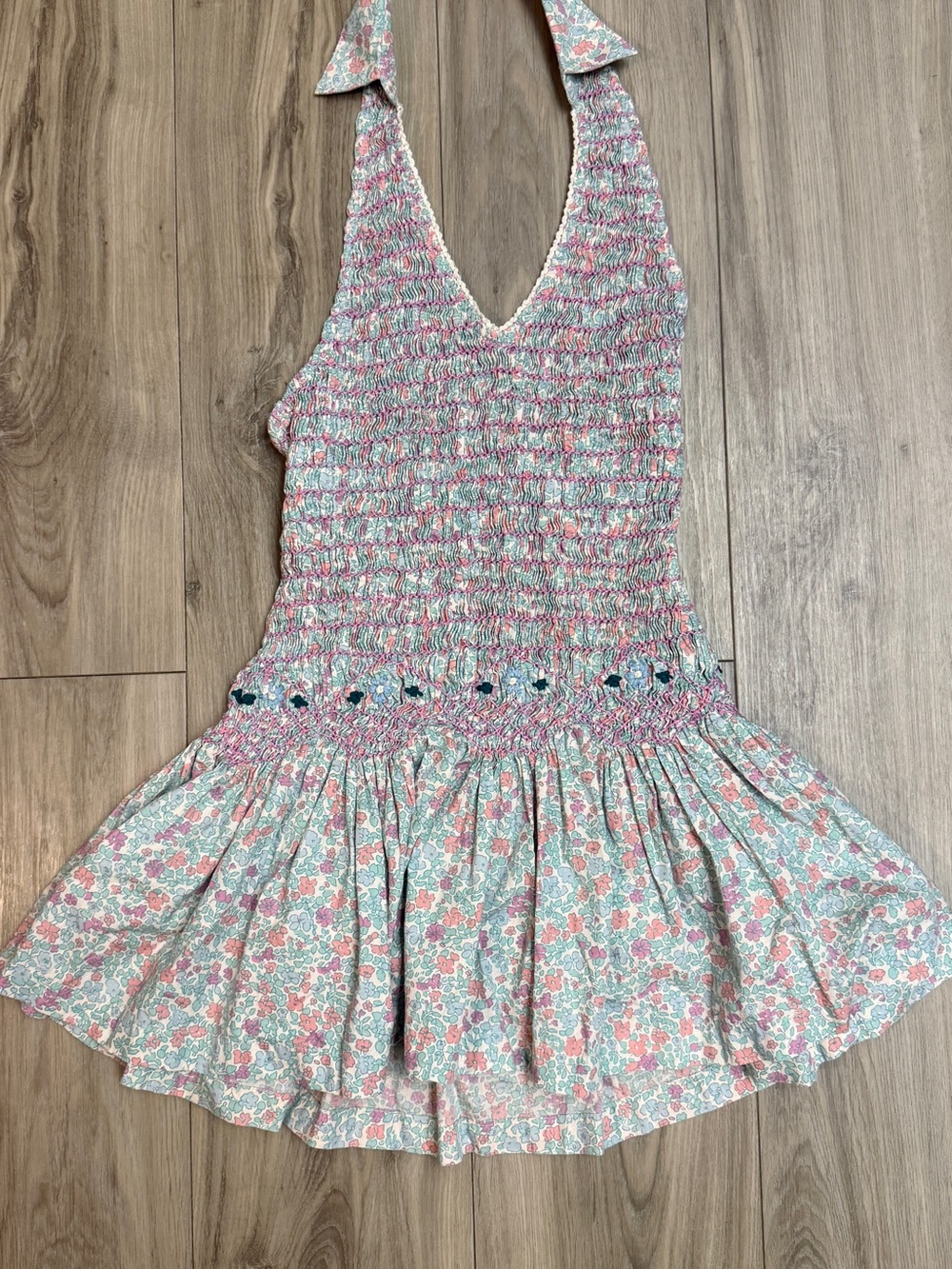 Free People Pink & Mint Floral Smocked Halter Mini Dress